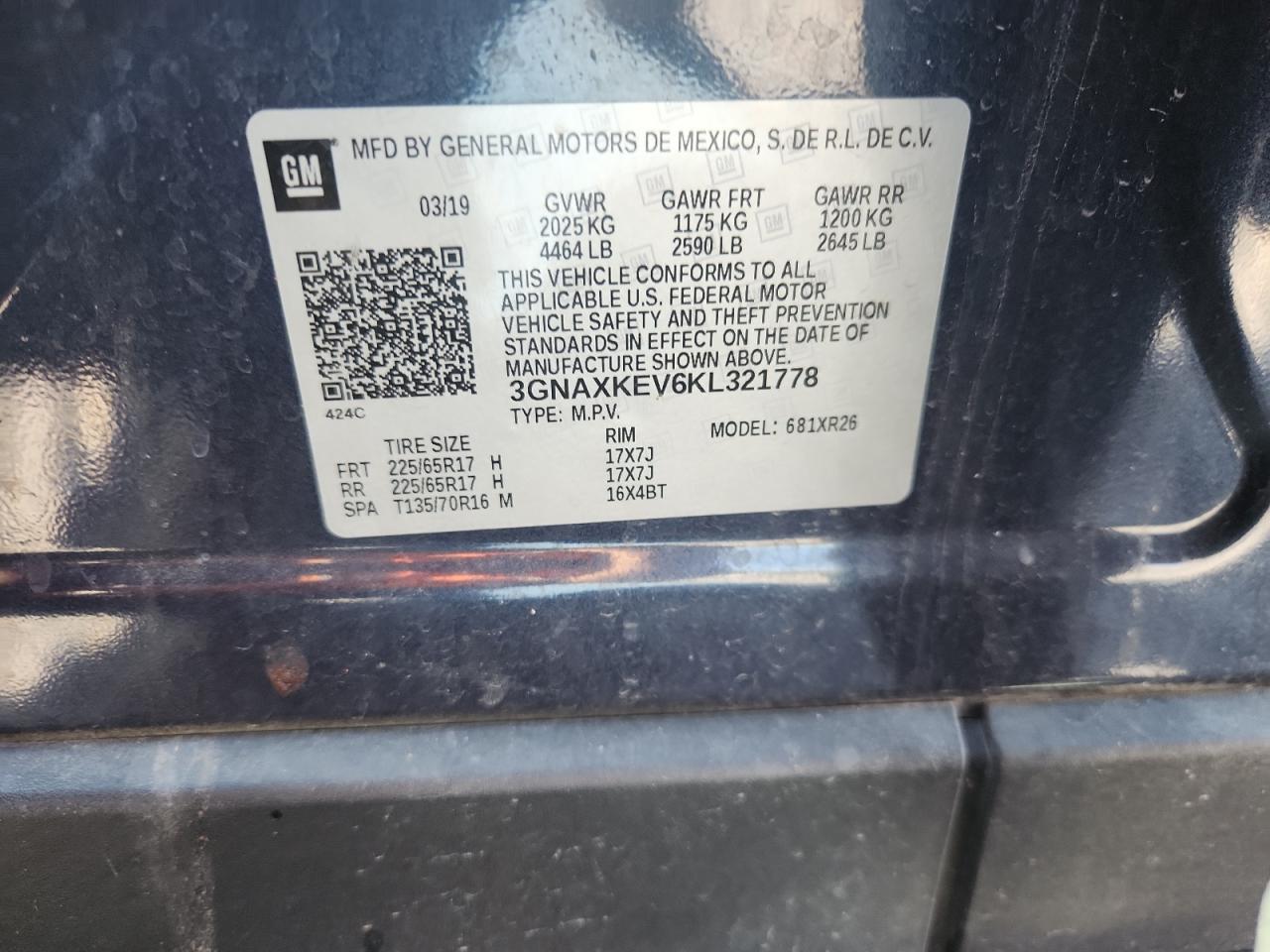 2019 Chevrolet Equinox Lt VIN: 3GNAXKEV6KL321778 Lot: 84612375