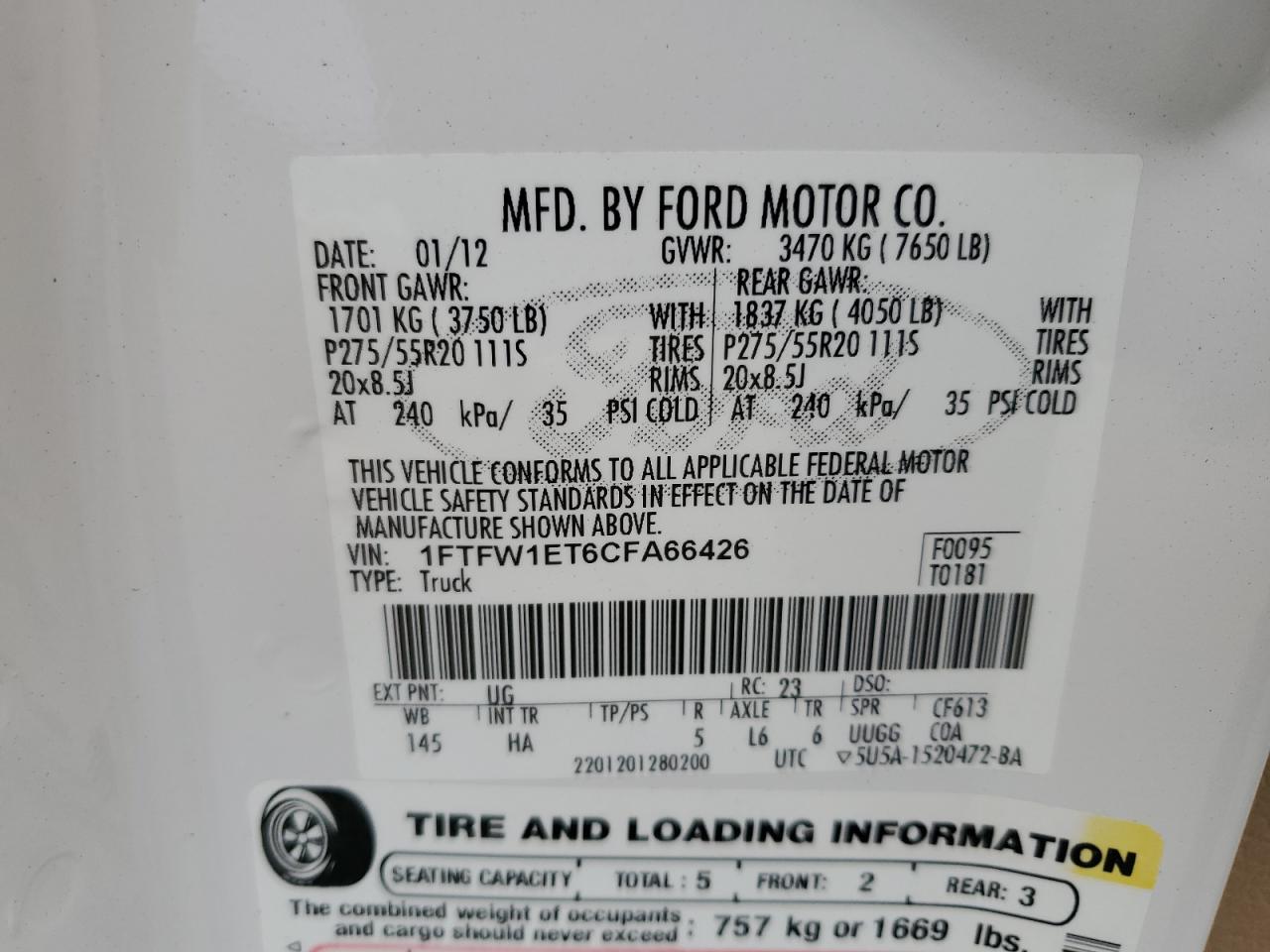 2012 Ford F150 Supercrew VIN: 1FTFW1ET6CFA66426 Lot: 70867845