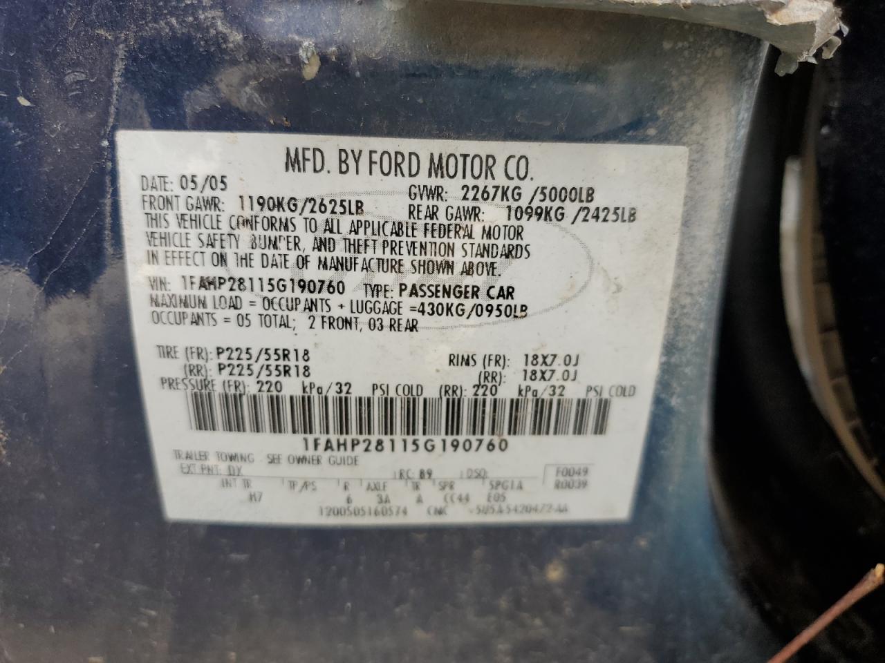 2005 Ford Five Hundred Limited VIN: 1FAHP28115G190760 Lot: 81668545