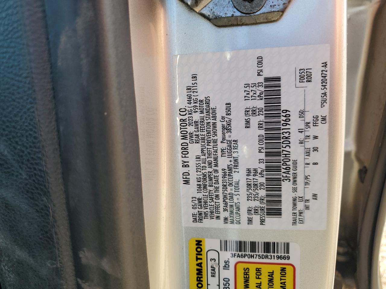 2013 Ford Fusion Se VIN: 3FA6P0H75DR319669 Lot: 81255535