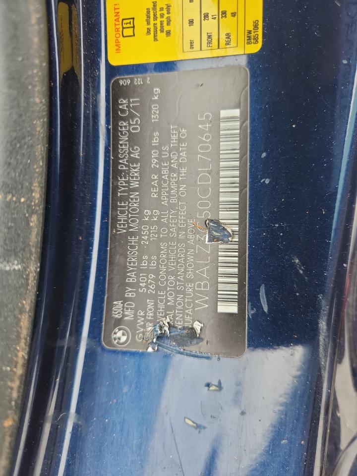 2012 BMW 650 I VIN: WBALZ3C50CDL70645 Lot: 84605605