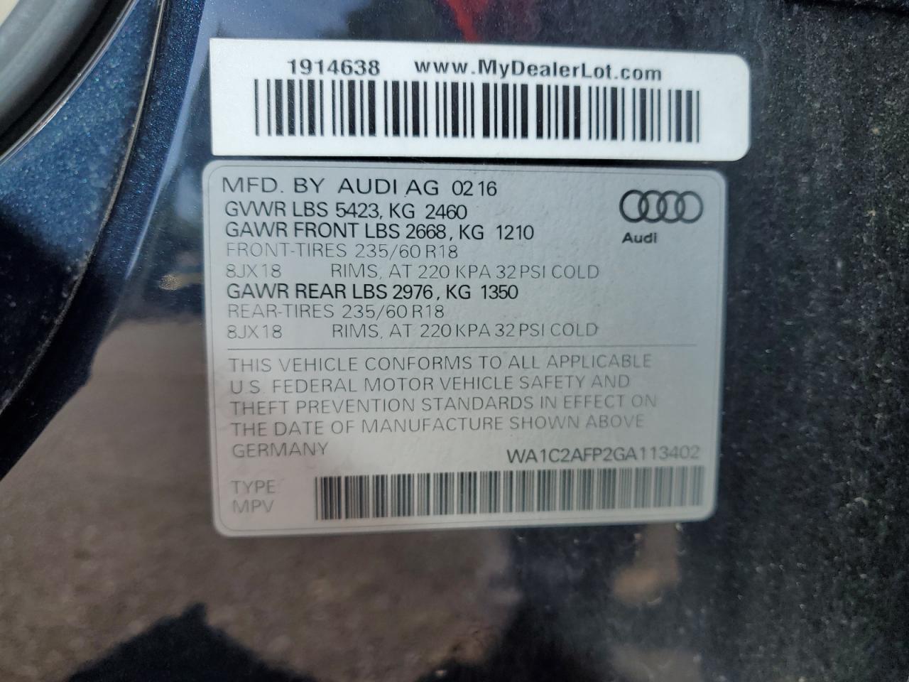 2016 Audi Q5 Premium VIN: WA1C2AFP2GA113402 Lot: 80165445