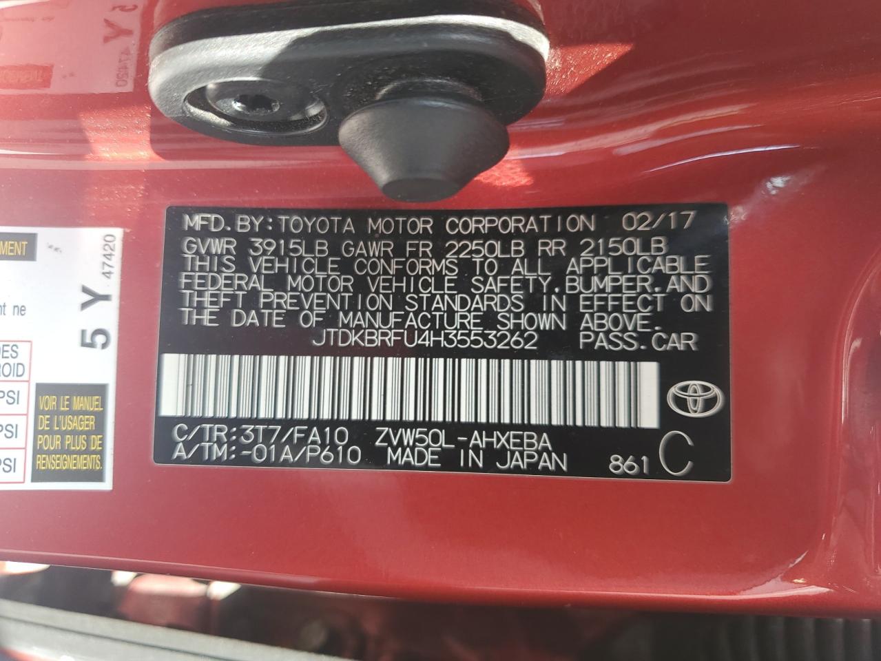 2017 Toyota Prius VIN: JTDKBRFU4H3553262 Lot: 70856655