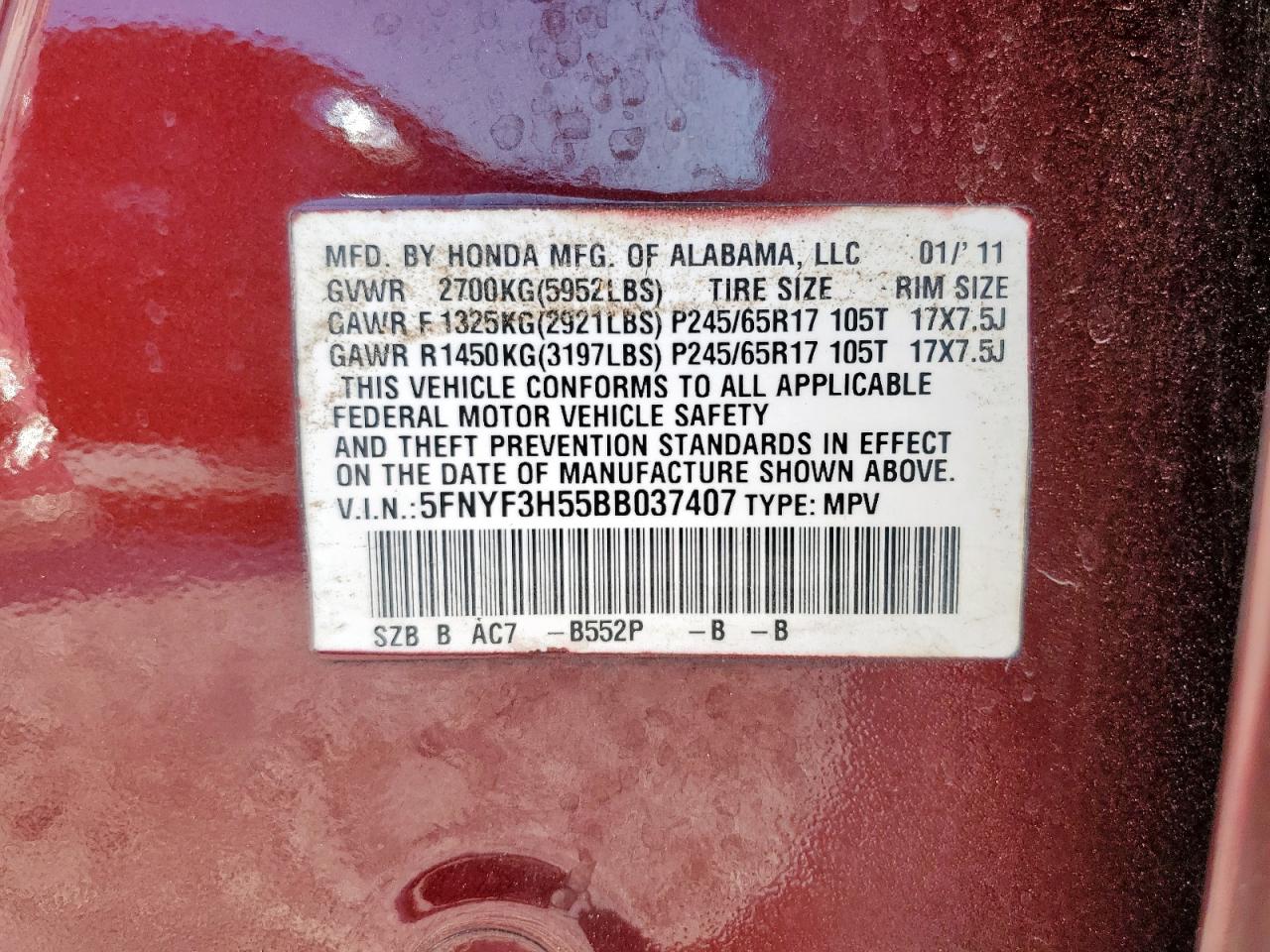 2011 Honda Pilot Exl VIN: 5FNYF3H55BB037407 Lot: 81108125