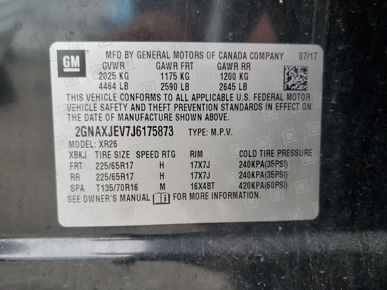 2018 Chevrolet Equinox Lt VIN: 2GNAXJEV7J6175873 Lot: 72001975