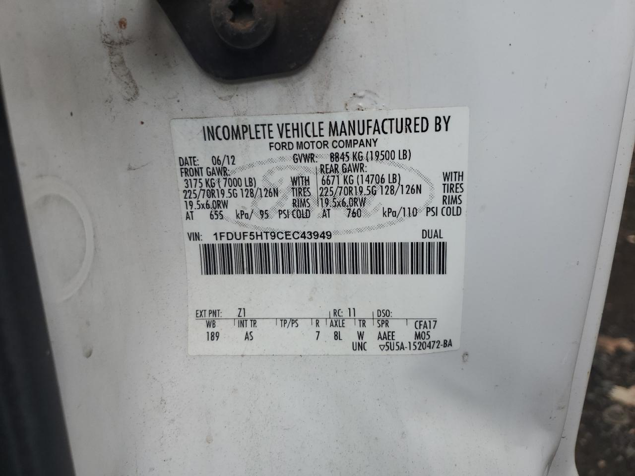 2012 Ford F550 Super Duty VIN: 1FDUF5HT9CEC43949 Lot: 84171635