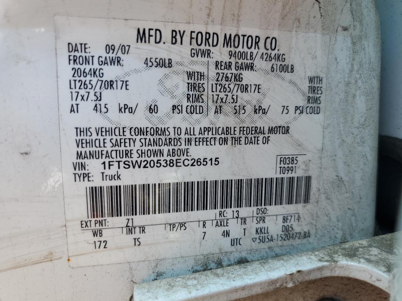 2008 Ford F250 Super Duty VIN: 1FTSW20538EC26515 Lot: 91793545