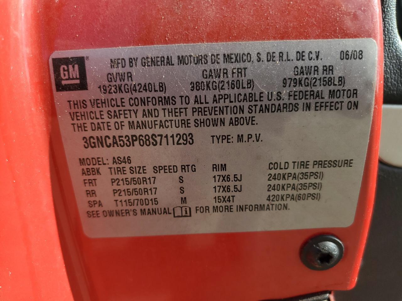 2008 Chevrolet Hhr Lt VIN: 3GNCA53P68S711293 Lot: 83823005