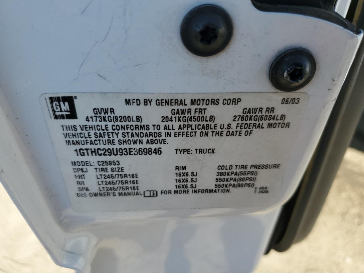 2003 GMC Sierra 2500 VIN: 1GTHC29U93E369846 Lot: 81761955
