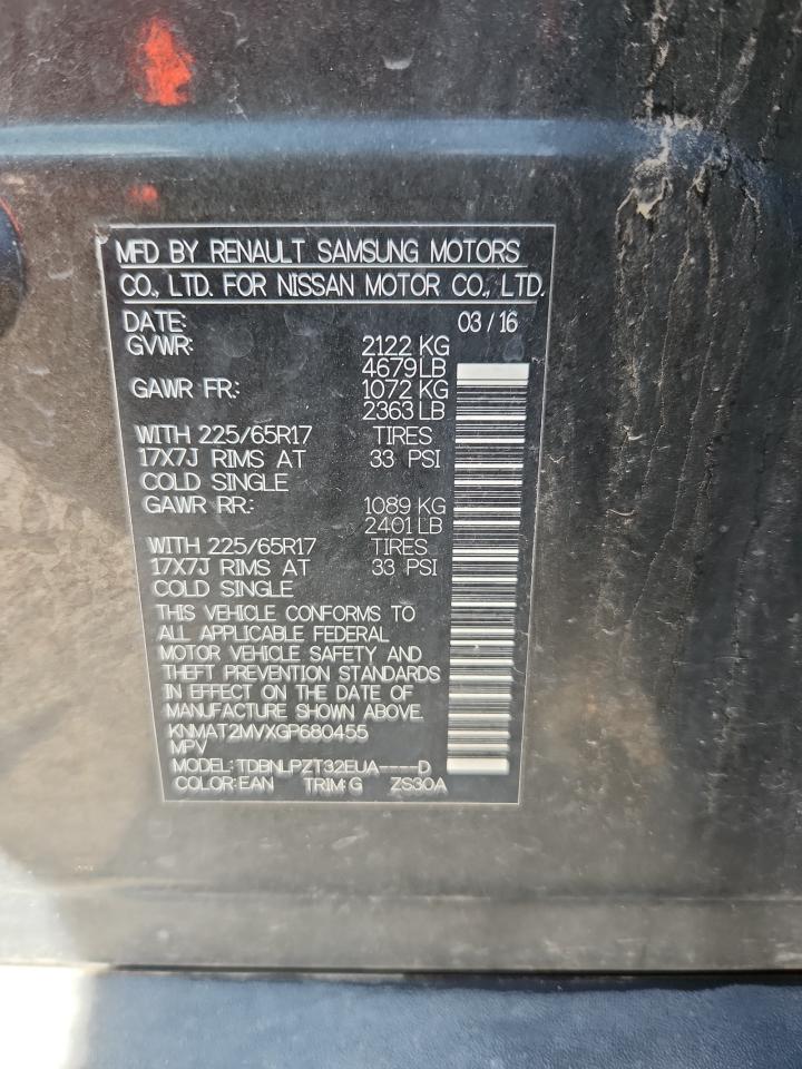 2016 Nissan Rogue S VIN: KNMAT2MVXGP680455 Lot: 72011035