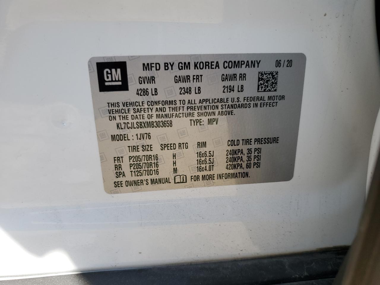 2021 Chevrolet Trax 1Lt VIN: KL7CJLSBXMB303658 Lot: 80699565