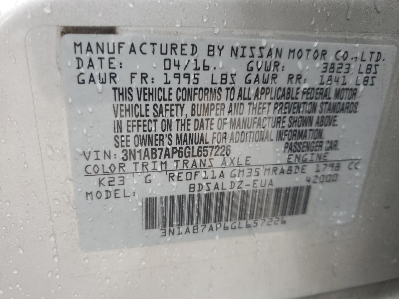 2016 Nissan Sentra S VIN: 3N1AB7AP6GL657226 Lot: 83810115