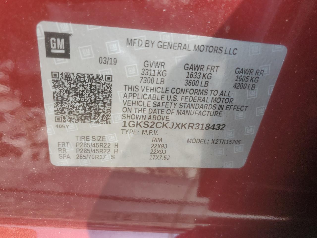 2019 GMC Yukon Denali VIN: 1GKS2CKJXKR318432 Lot: 71249975