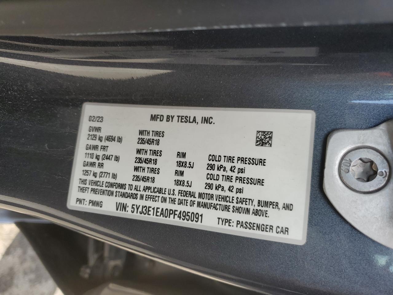 2023 Tesla Model 3 VIN: 5YJ3E1EA0PF495091 Lot: 81806475