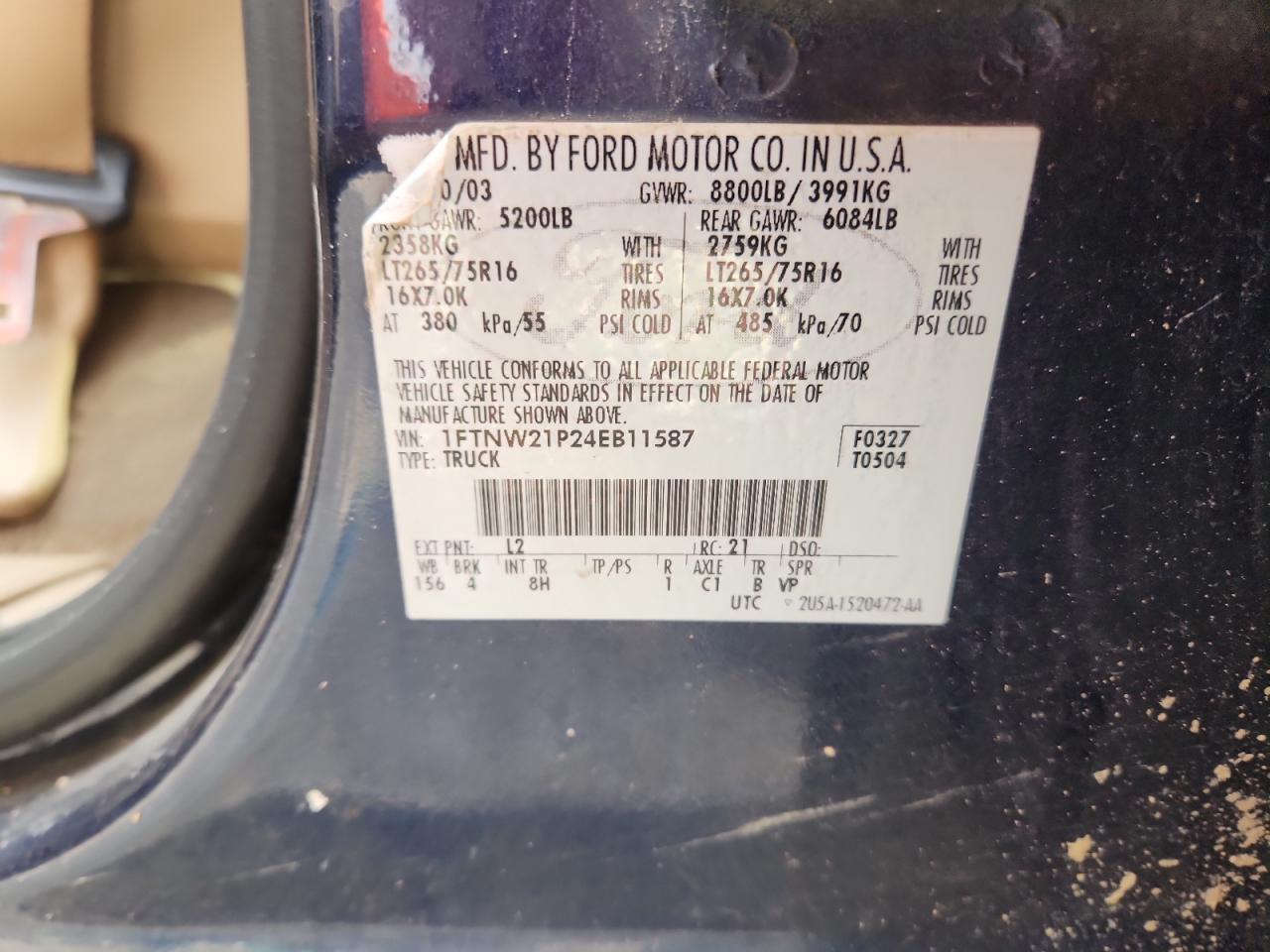 2004 Ford F250 Super Duty VIN: 1FTNW21P24EB11587 Lot: 71549965