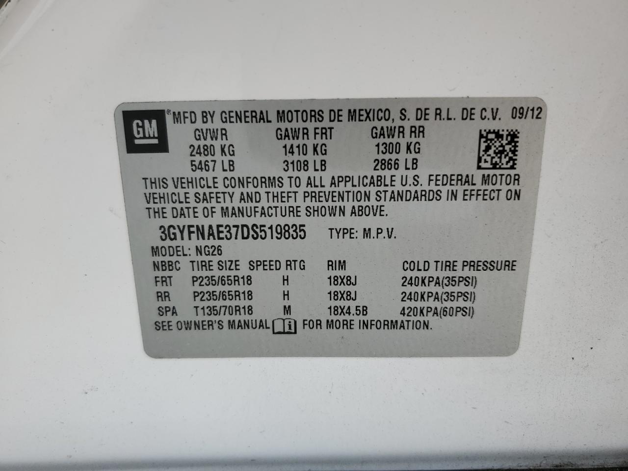 2013 Cadillac Srx VIN: 3GYFNAE37DS519835 Lot: 80200225