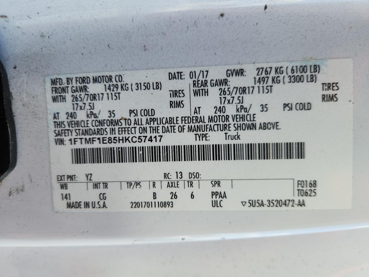 2017 Ford F150 VIN: 1FTMF1E85HKC57417 Lot: 70995615