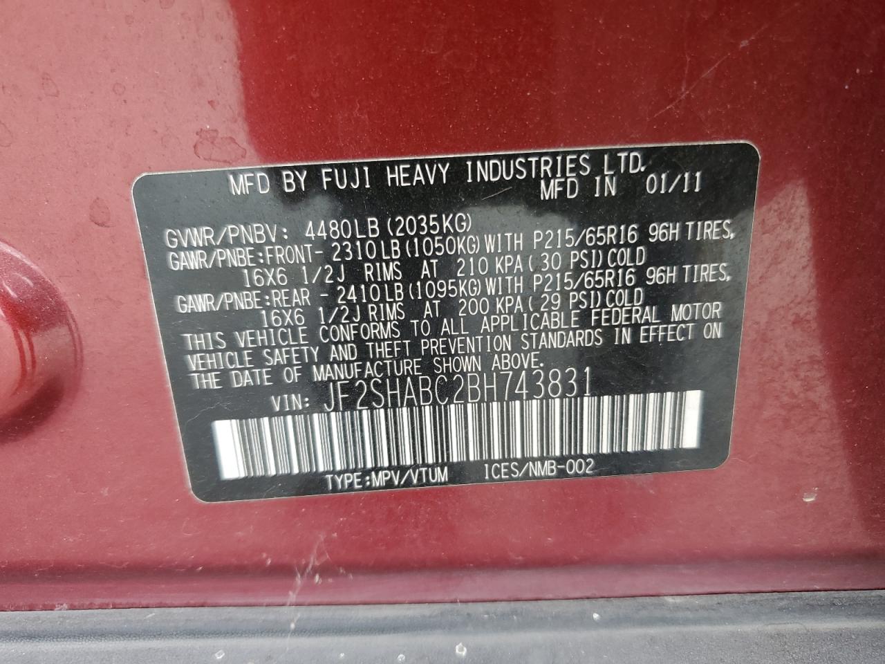 2011 Subaru Forester 2.5X VIN: JF2SHABC2BH743831 Lot: 84218805