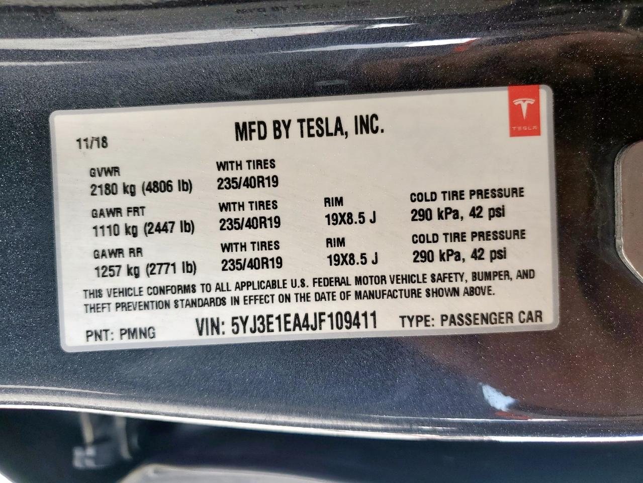 2018 Tesla Model 3 VIN: 5YJ3E1EA4JF109411 Lot: 72081595