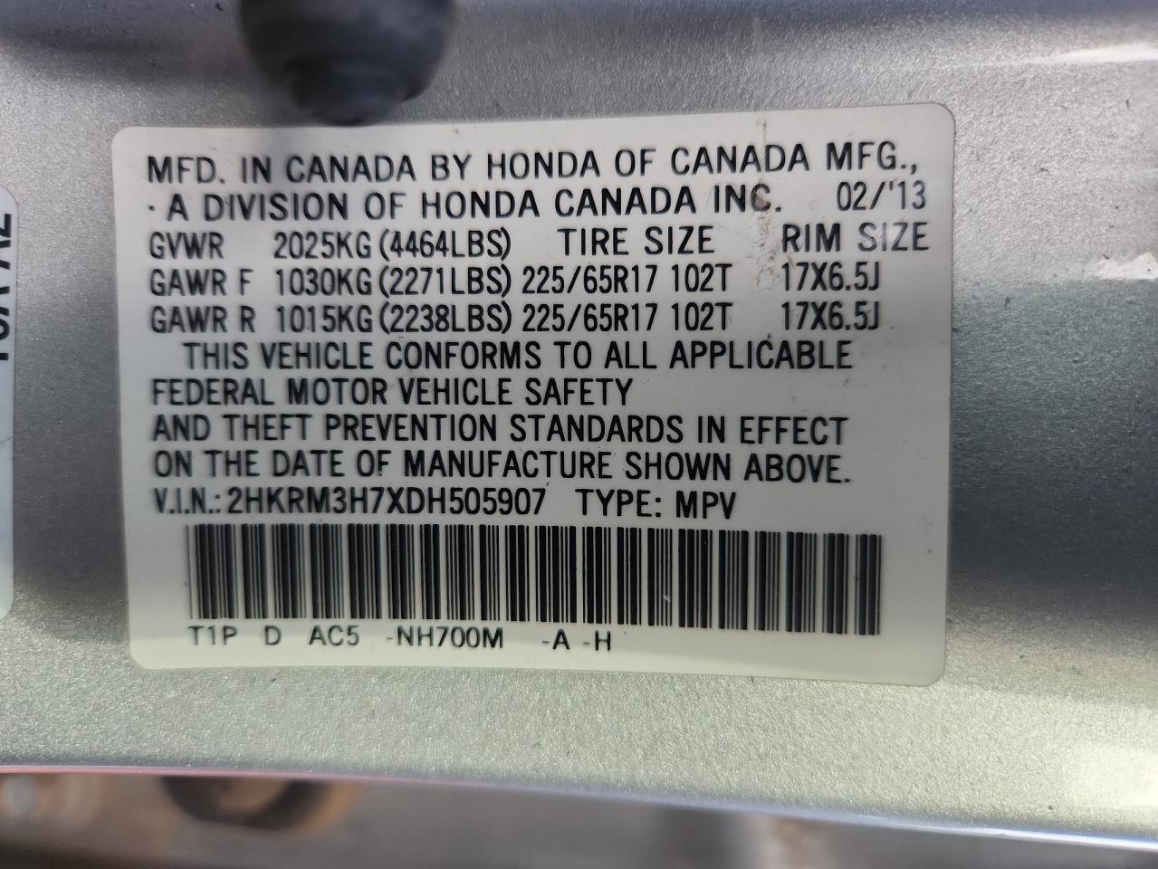 2013 Honda Cr-V Exl VIN: 2HKRM3H7XDH505907 Lot: 81091585