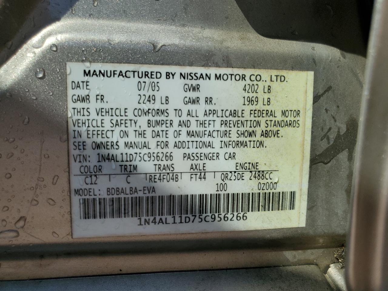 2005 Nissan Altima S VIN: 1N4AL11D75C956266 Lot: 81314445