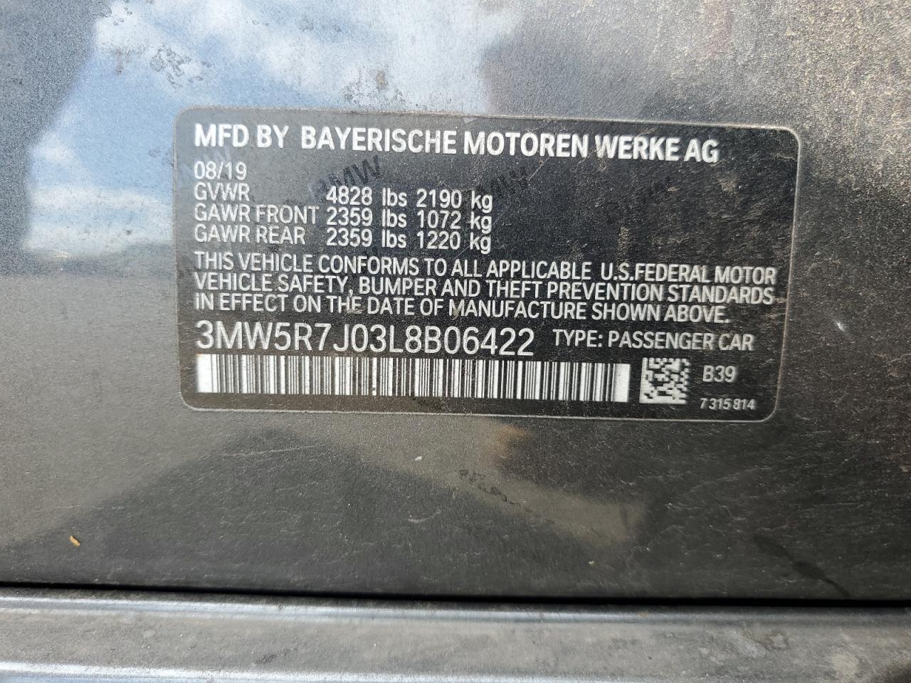 2020 BMW 330Xi VIN: 3MW5R7J03L8B06422 Lot: 80913585