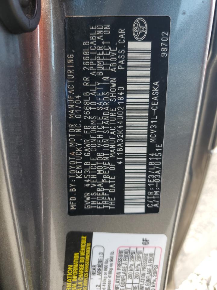 2004 Toyota Camry Se VIN: 4T1BA32K44U021840 Lot: 83834095