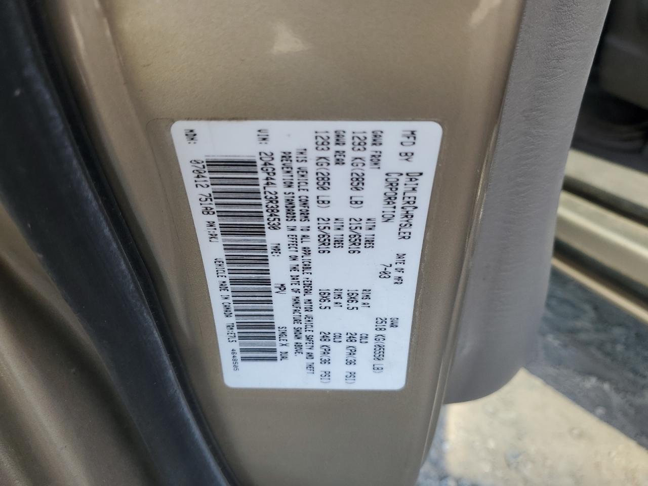 2003 Dodge Grand Caravan Sport VIN: 2D4GP44L23R384530 Lot: 81779095
