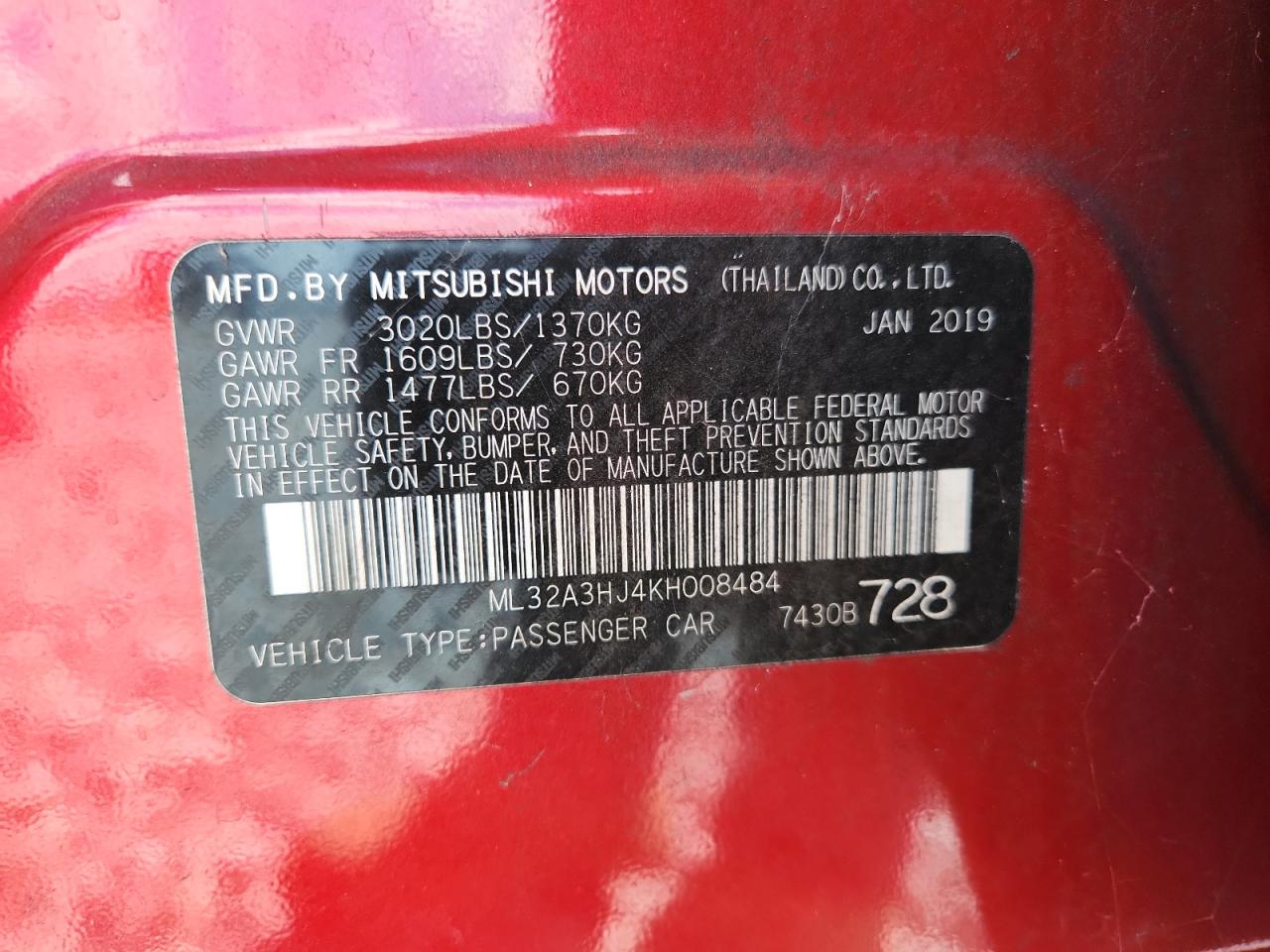 2019 Mitsubishi Mirage Es VIN: ML32A3HJ4KH008484 Lot: 84000645