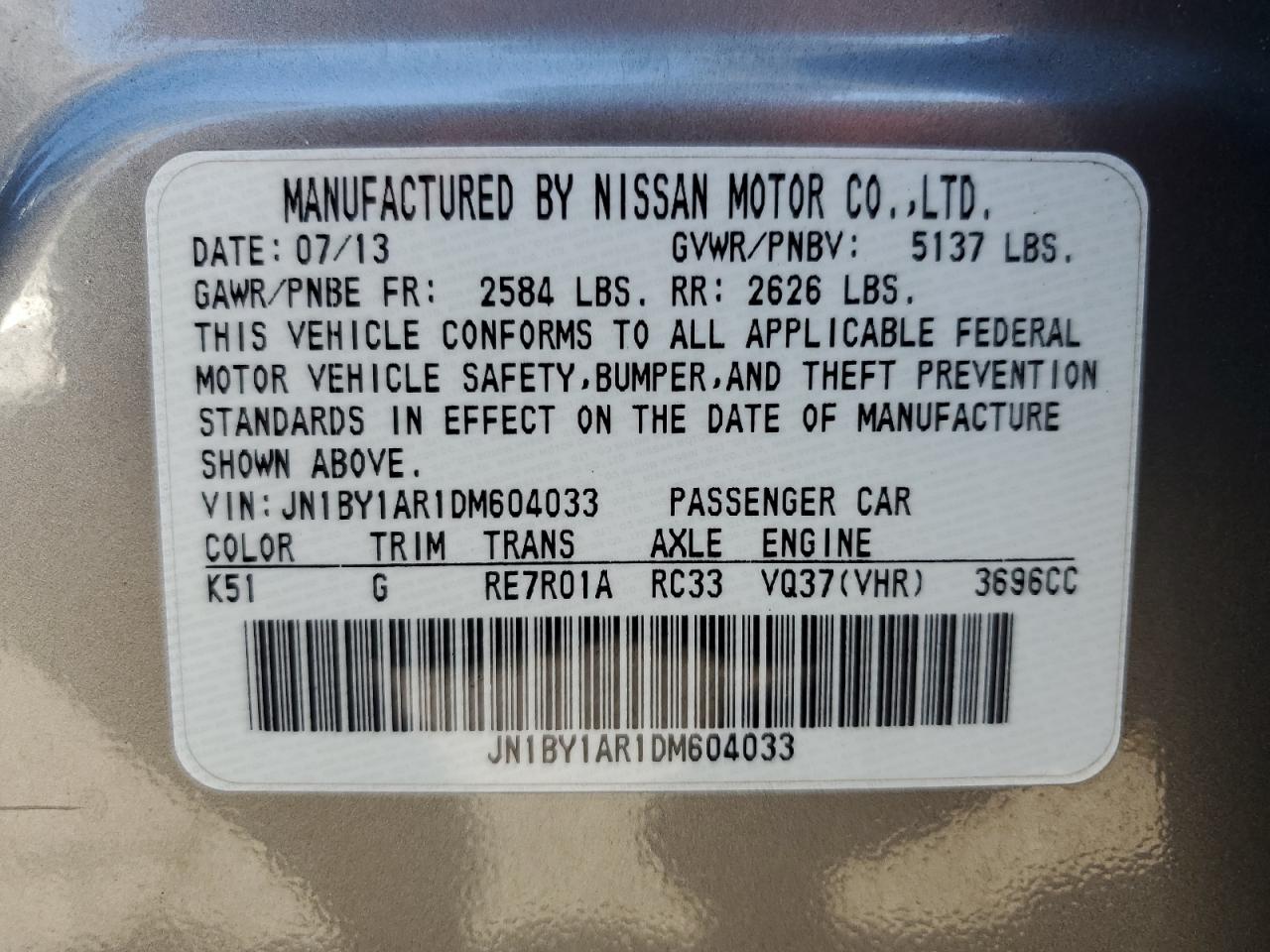 2013 Infiniti M37 X VIN: JN1BY1AR1DM604033 Lot: 69195195