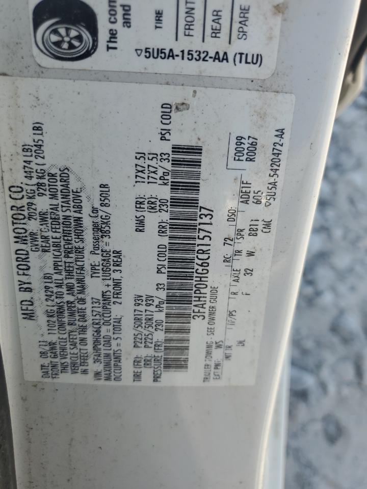 2012 Ford Fusion Se VIN: 3FAHP0HG6CR157137 Lot: 81074485