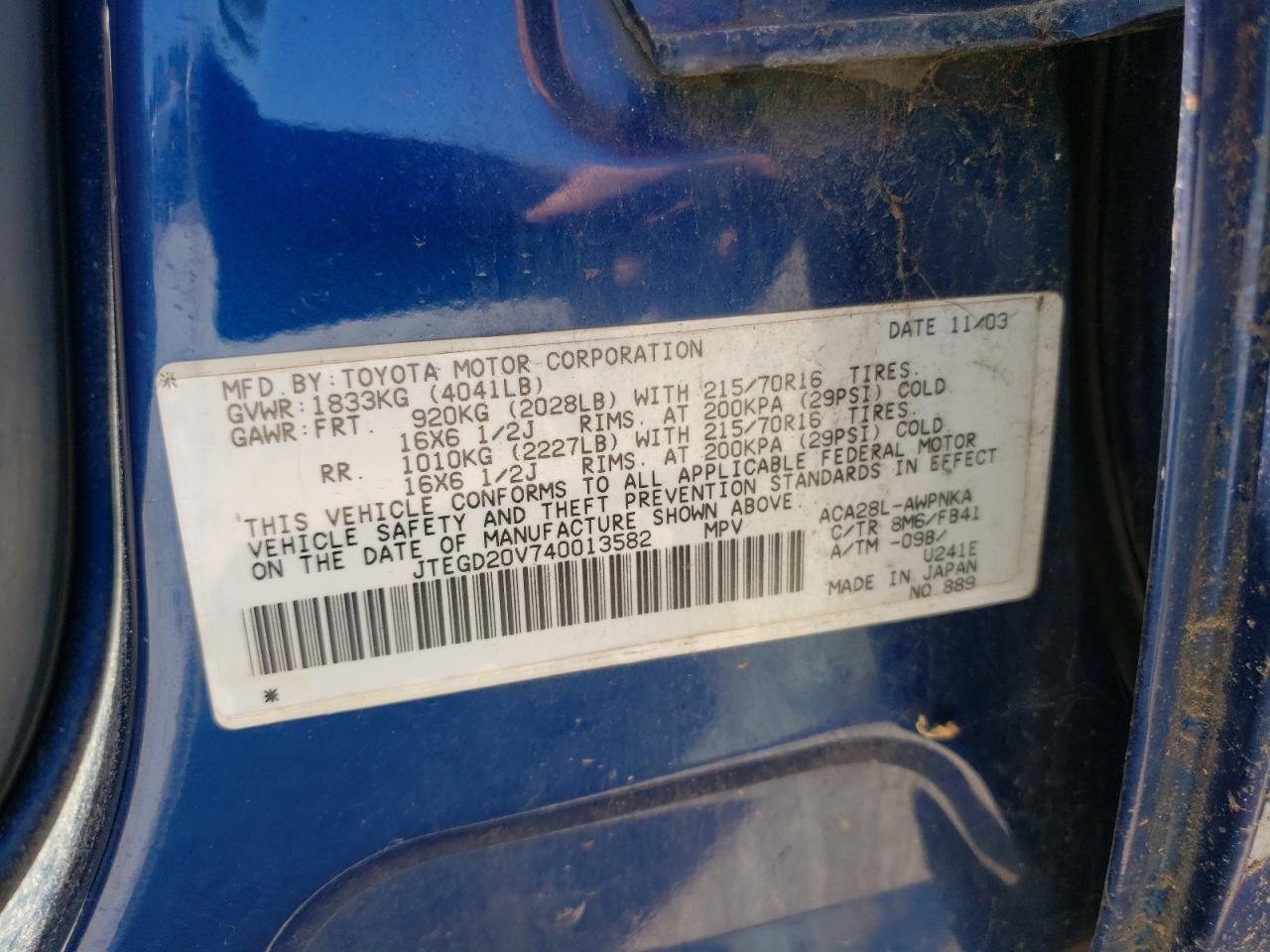 2004 Toyota Rav4 VIN: JTEGD20V740013582 Lot: 80631425