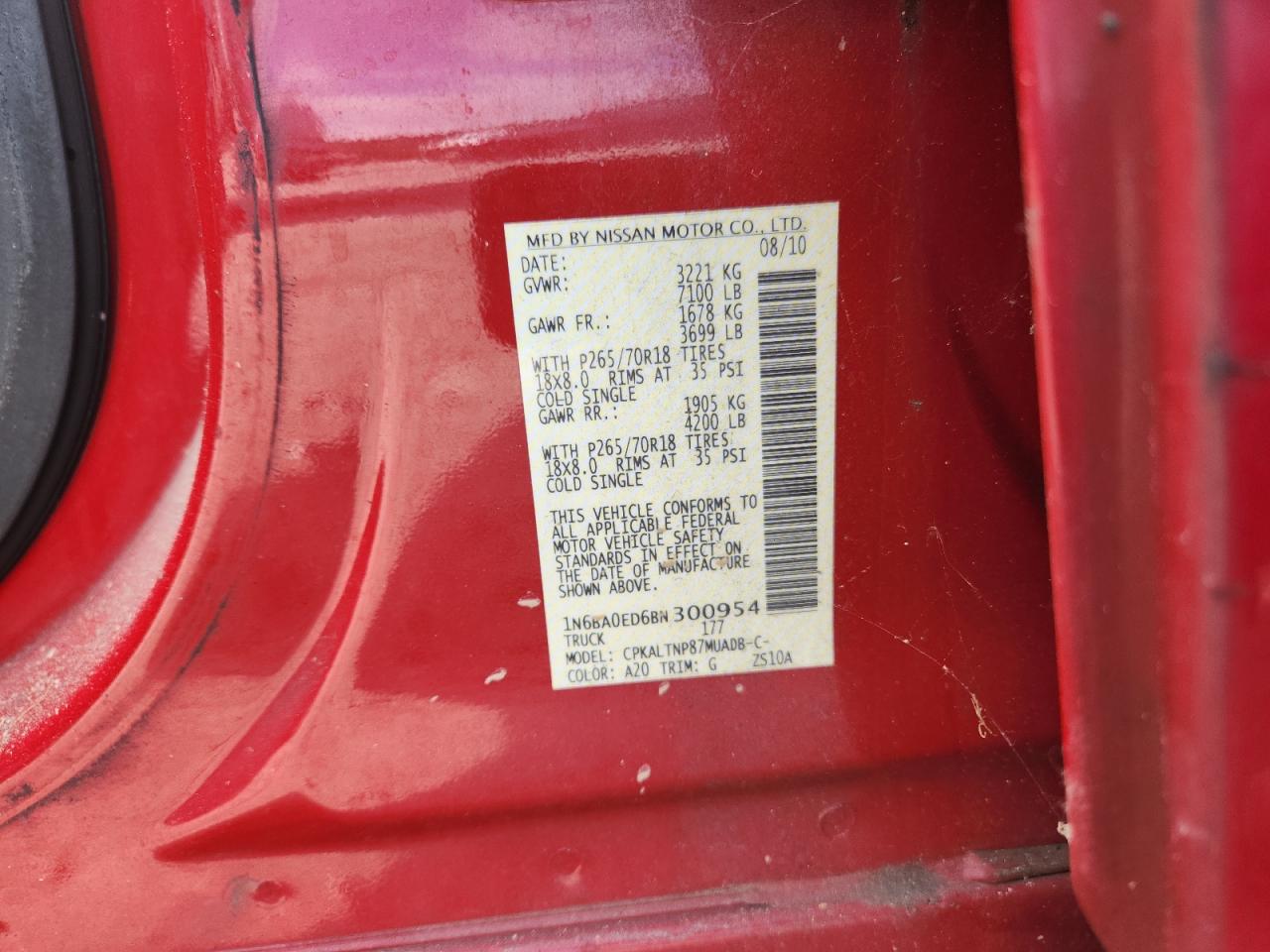 2011 Nissan Titan S VIN: 1N6BA0ED6BN300954 Lot: 83830015