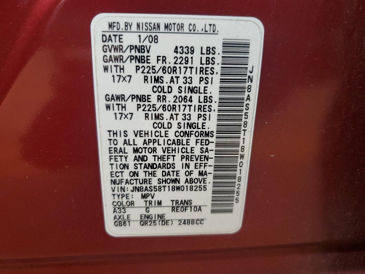 2008 Nissan Rogue S VIN: JN8AS58T18W018255 Lot: 81235305