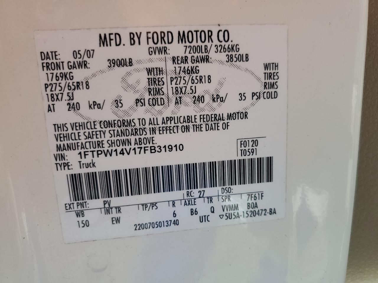 2007 Ford F150 Supercrew VIN: 1FTPW14V17FB31910 Lot: 81476945