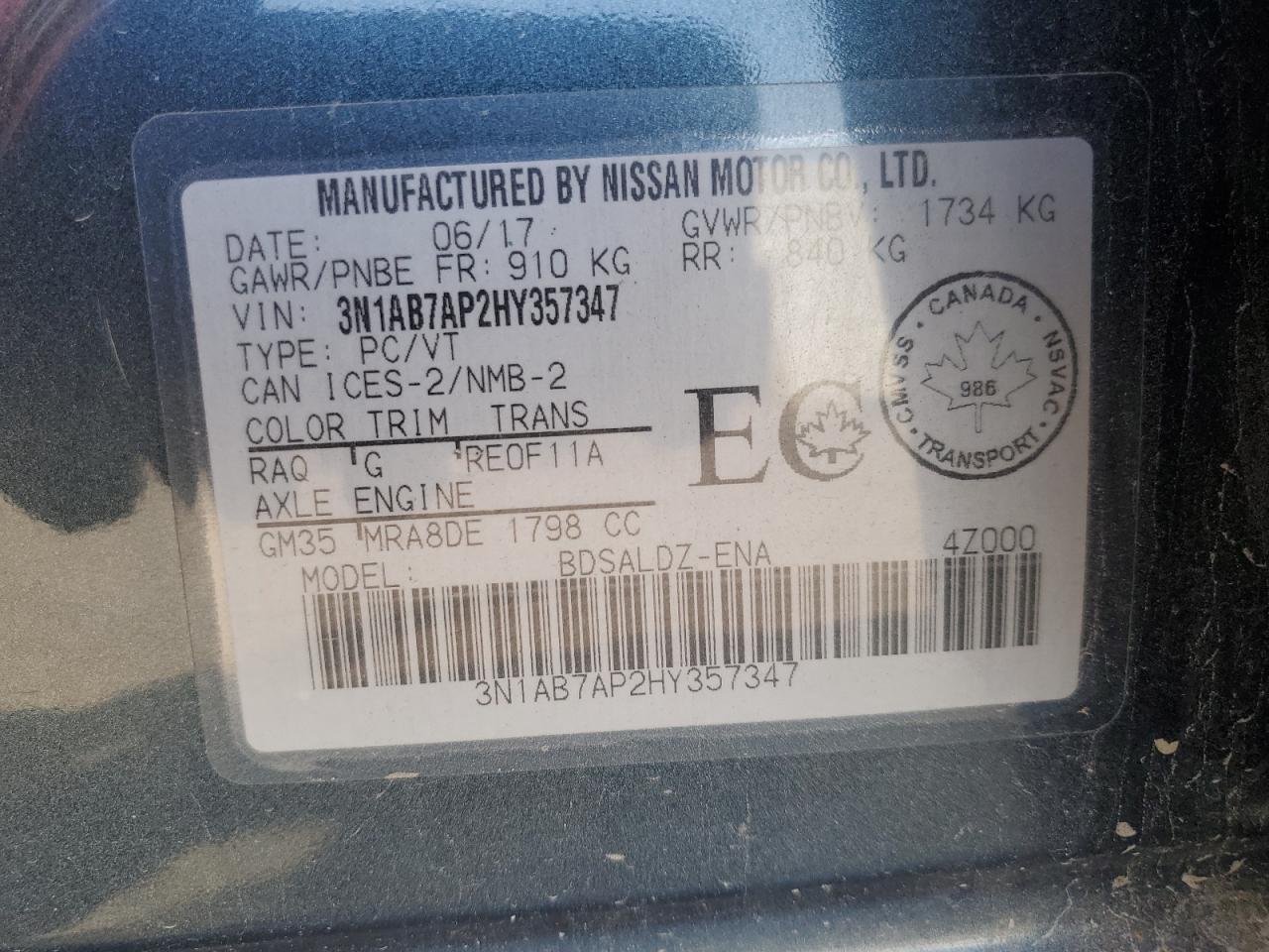 2017 Nissan Sentra S VIN: 3N1AB7AP2HY357347 Lot: 71798365