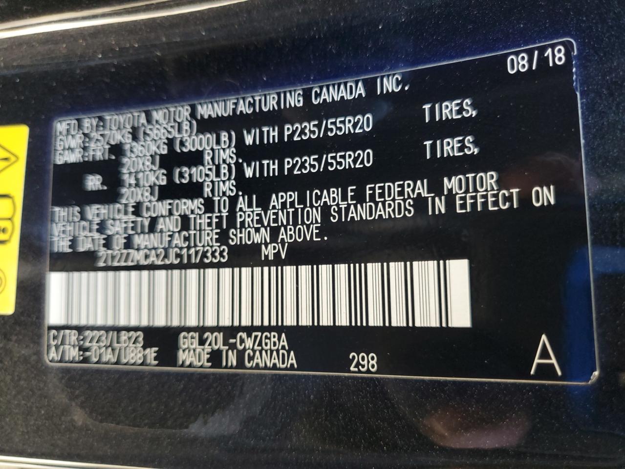 2018 Lexus Rx 350 Base VIN: 2T2ZZMCA2JC117333 Lot: 83853075