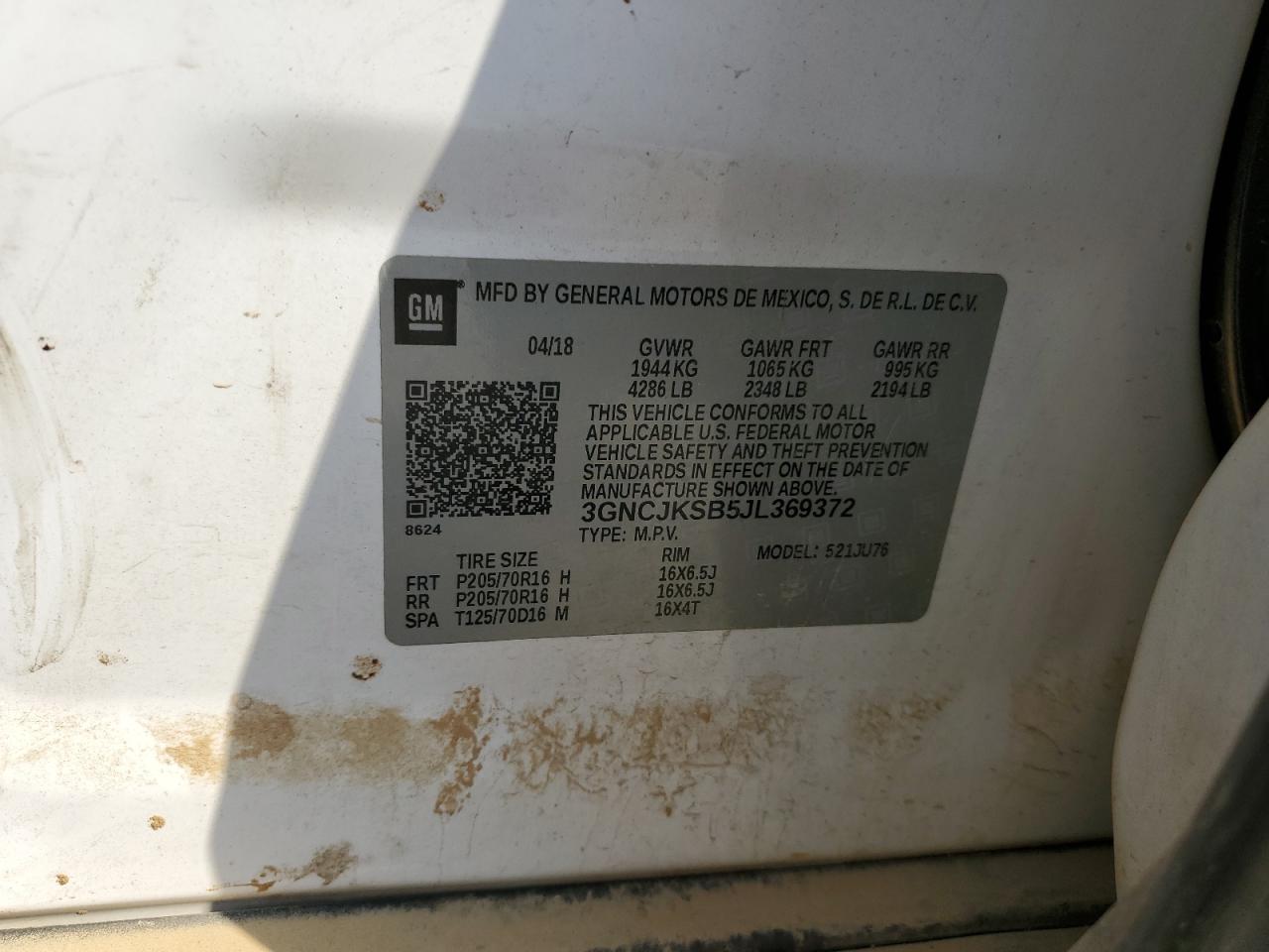 2018 Chevrolet Trax Ls VIN: 3GNCJKSB5JL369372 Lot: 81575925