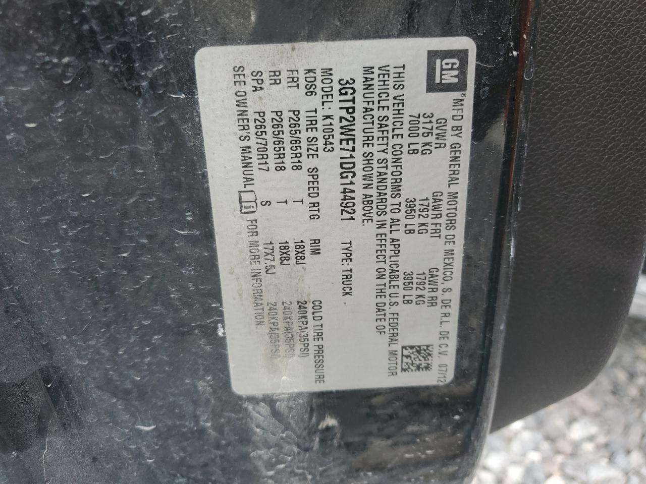 2013 GMC Sierra K1500 Slt VIN: 3GTP2WE71DG144921 Lot: 81257055