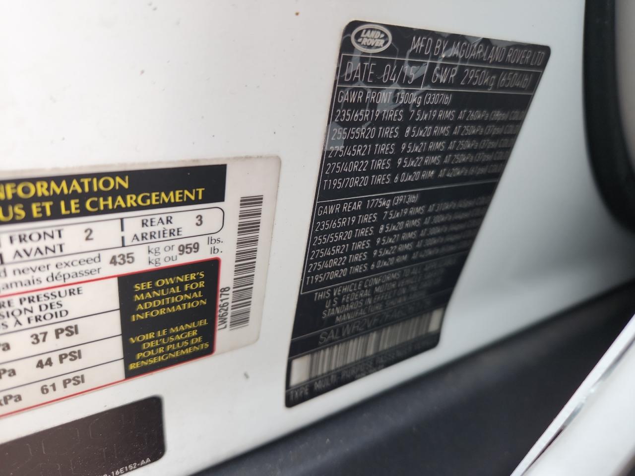 2015 Land Rover Range Rover Sport Hse VIN: SALWR2VF7FA626178 Lot: 81214125