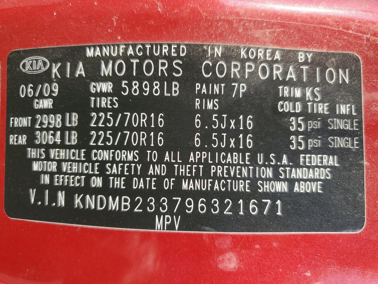 2009 Kia Sedona Ex VIN: KNDMB233796321671 Lot: 71719195