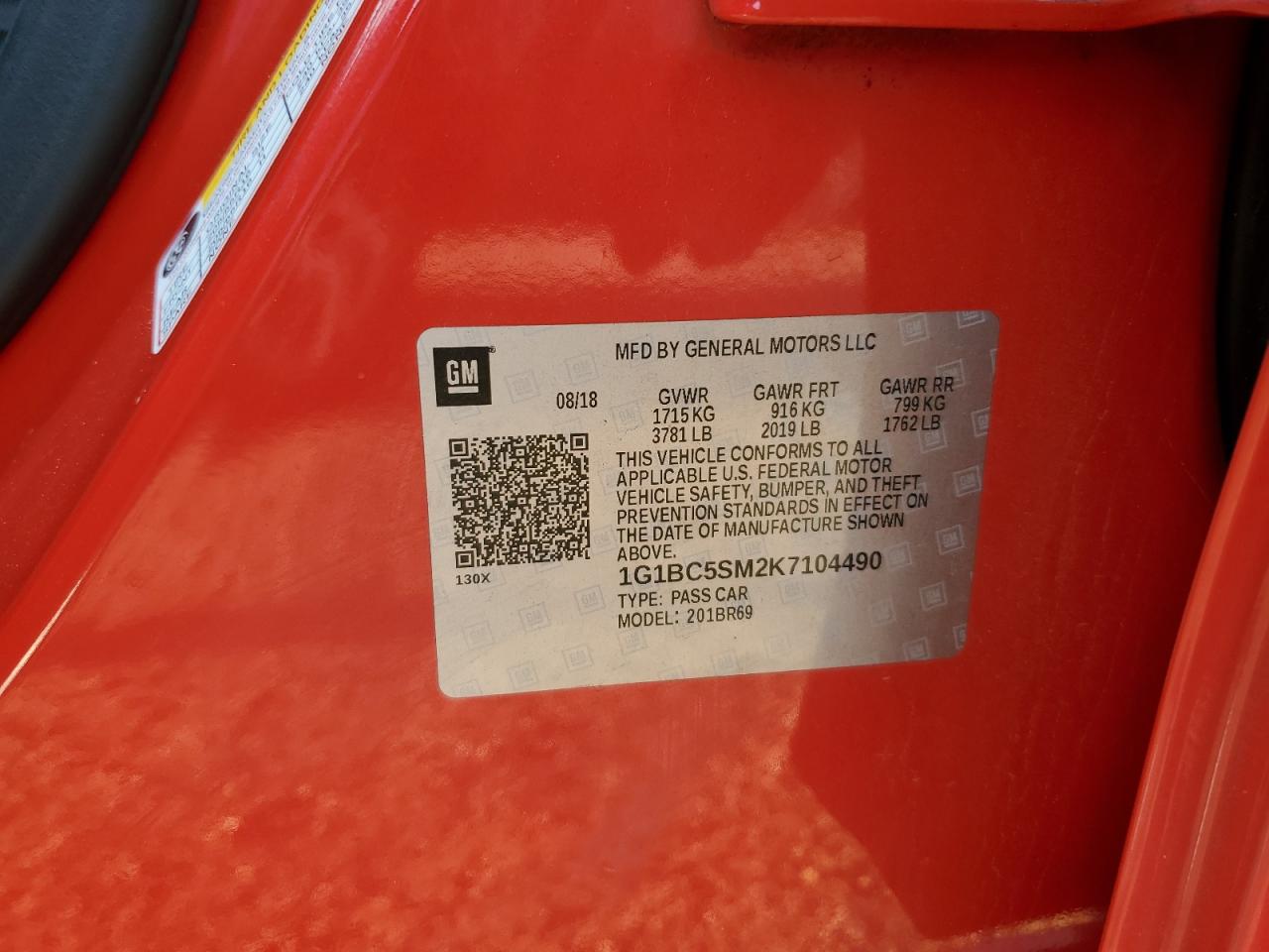 2019 Chevrolet Cruze Ls VIN: 1G1BC5SM2K7104490 Lot: 80539135