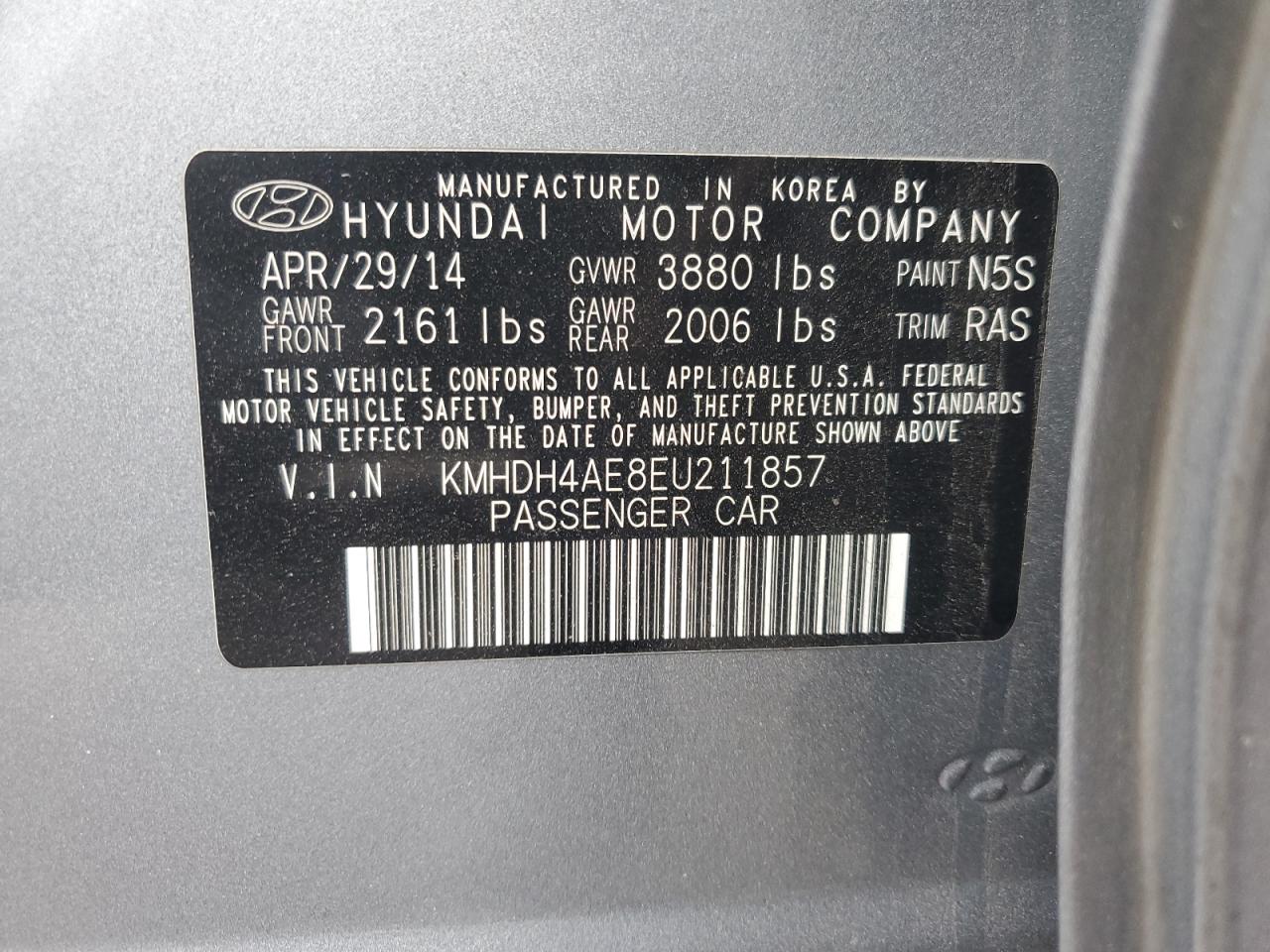 2014 Hyundai Elantra Se VIN: KMHDH4AE8EU211857 Lot: 81083125