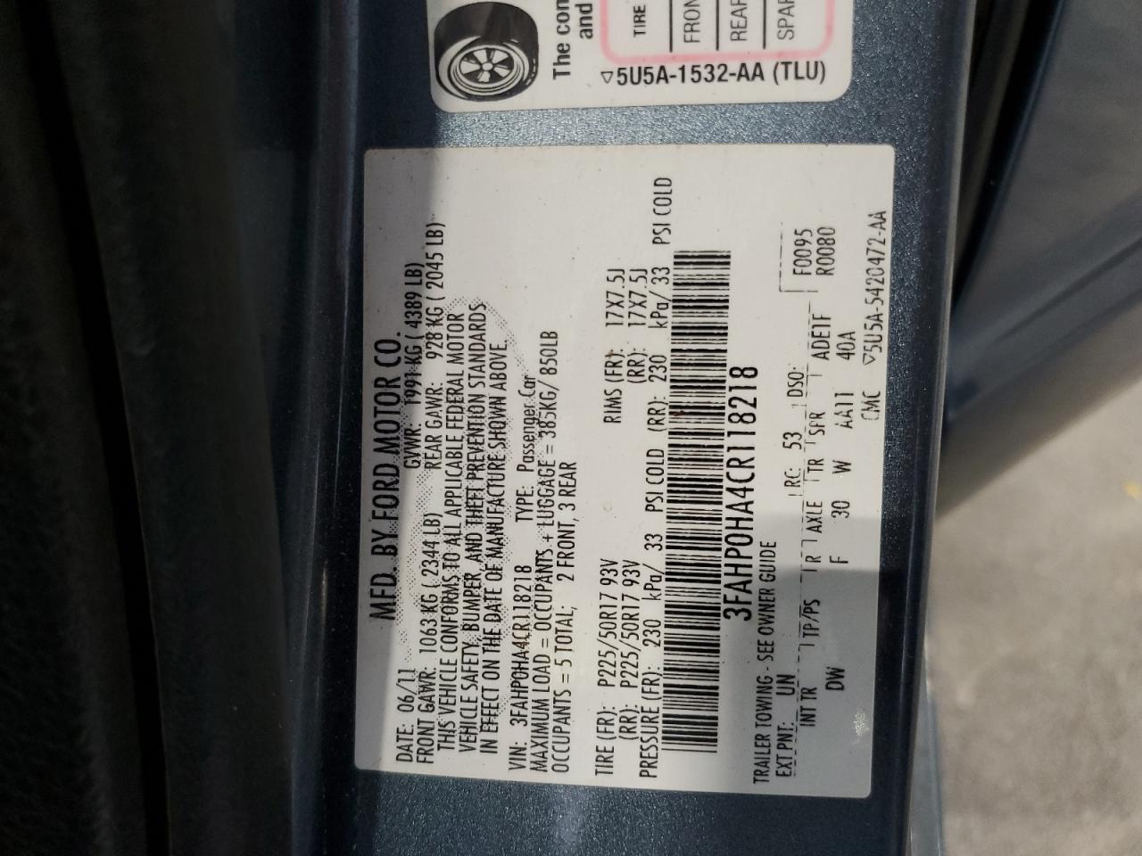 2012 Ford Fusion Se VIN: 3FAHP0HA4CR118218 Lot: 84627795