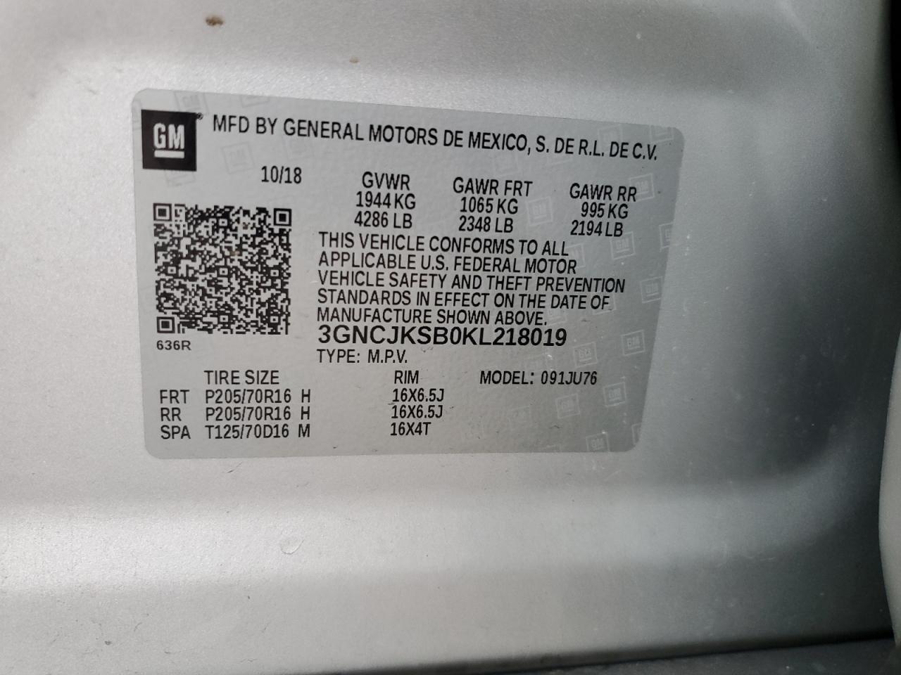 2019 Chevrolet Trax Ls VIN: 3GNCJKSB0KL218019 Lot: 81754775