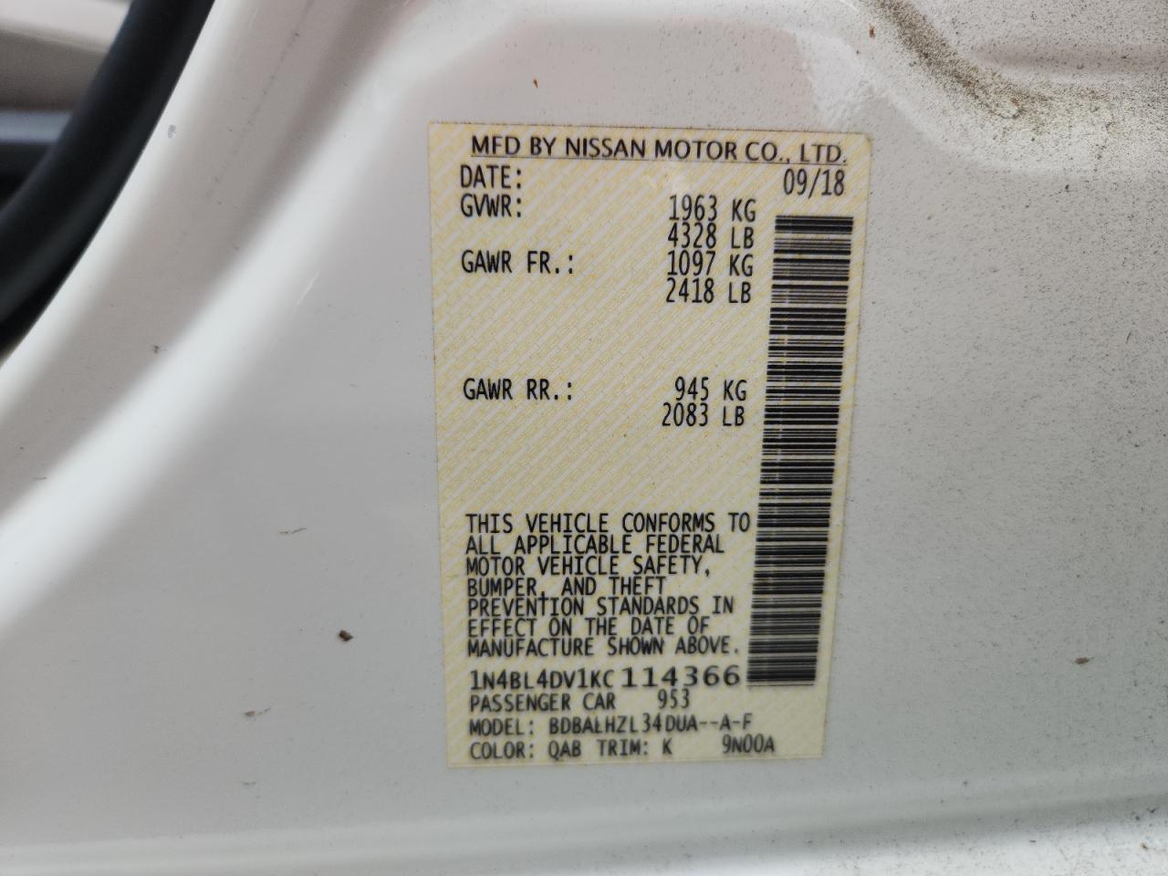 2019 Nissan Altima Sv VIN: 1N4BL4DV1KC114366 Lot: 81206075