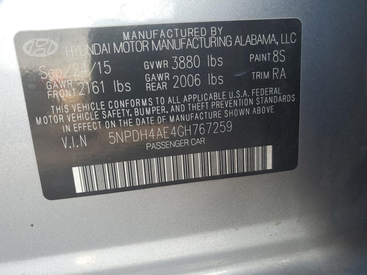 2016 Hyundai Elantra Se VIN: 5NPDH4AE4GH767259 Lot: 80277525