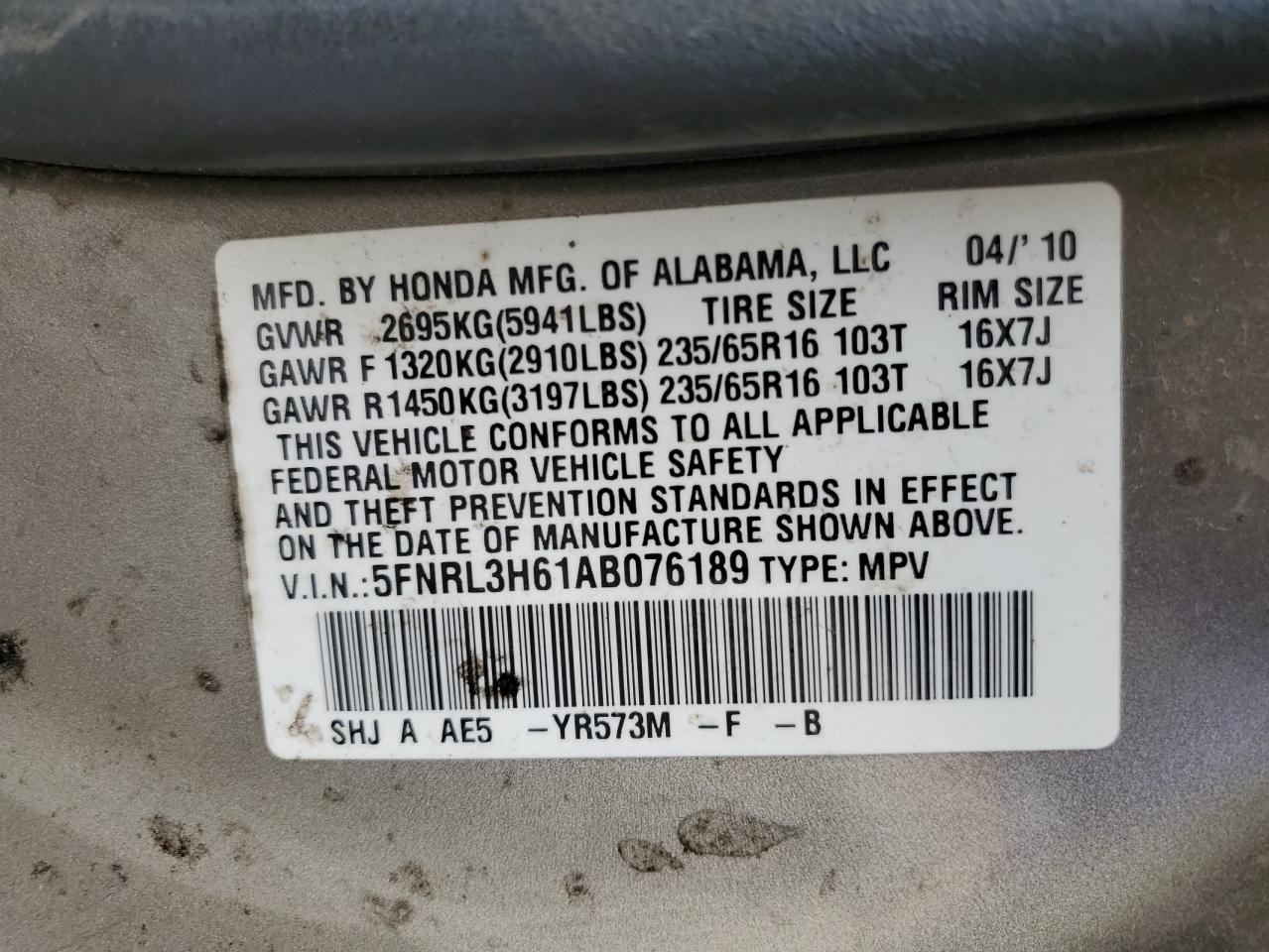 2010 Honda Odyssey Exl VIN: 5FNRL3H61AB076189 Lot: 84396465