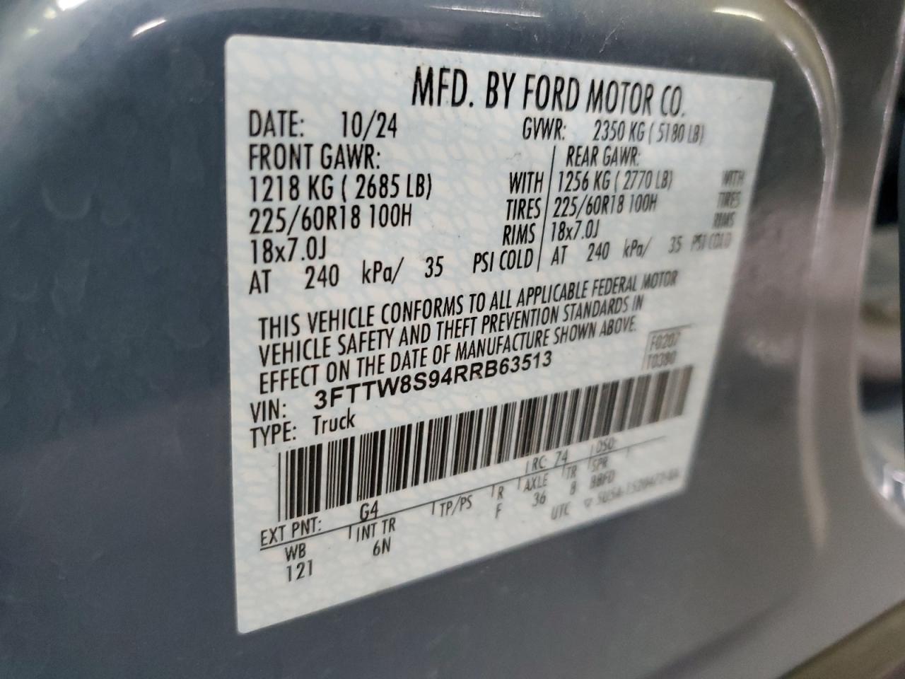 2024 Ford Maverick Lariat VIN: 3FTTW8S94RRB63513 Lot: 80410345