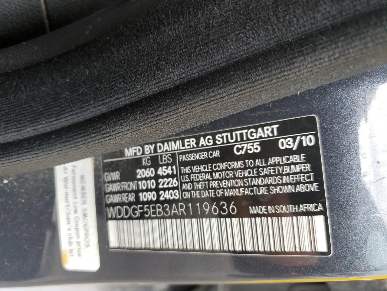 2010 Mercedes-Benz C 300 VIN: WDDGF5EB3AR119636 Lot: 84221275